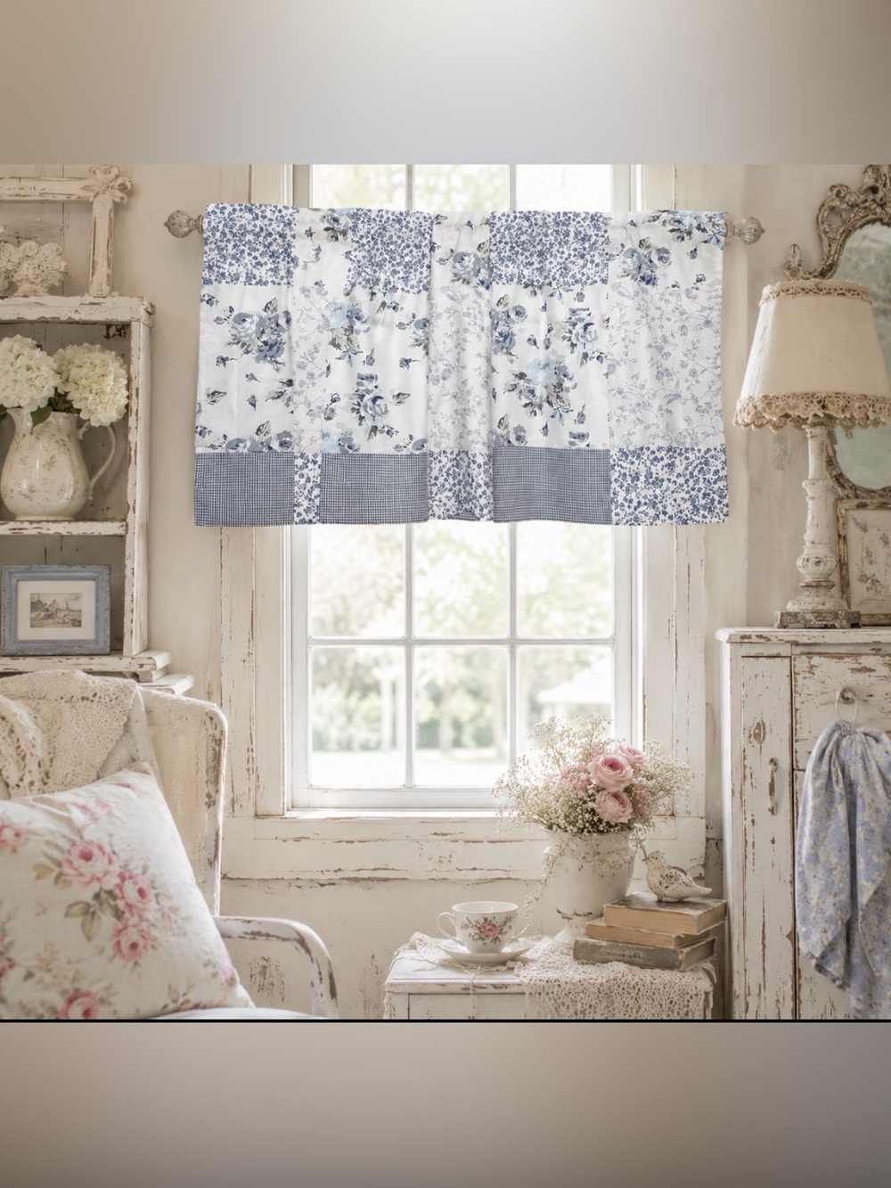 Shabby chic Blue and White Floral Patchwork Valance Curtain 16x51
